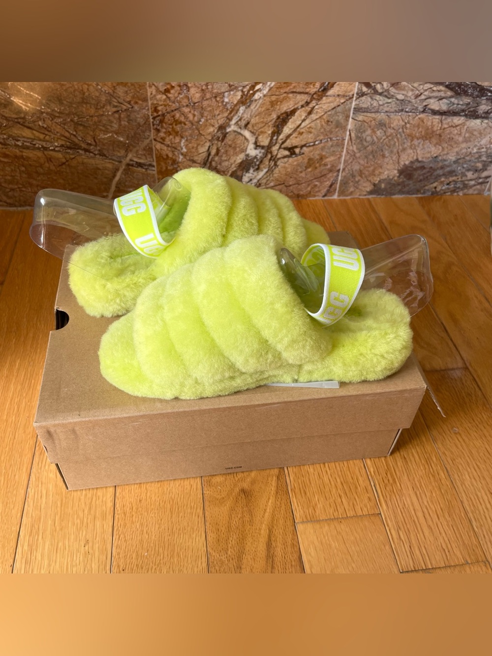 UGG Fuzzy Neon Lime Slides with Branded Strap
